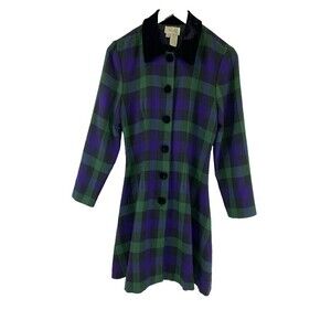 BOGO Ambria Vintage Dress Blue Green Plaid Button Velvet Collared Flare Pleat 8